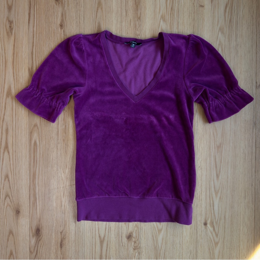 Express Plum Short Sleeve Top Velvet with Ruffles, XS, y2K style fairy babydoll